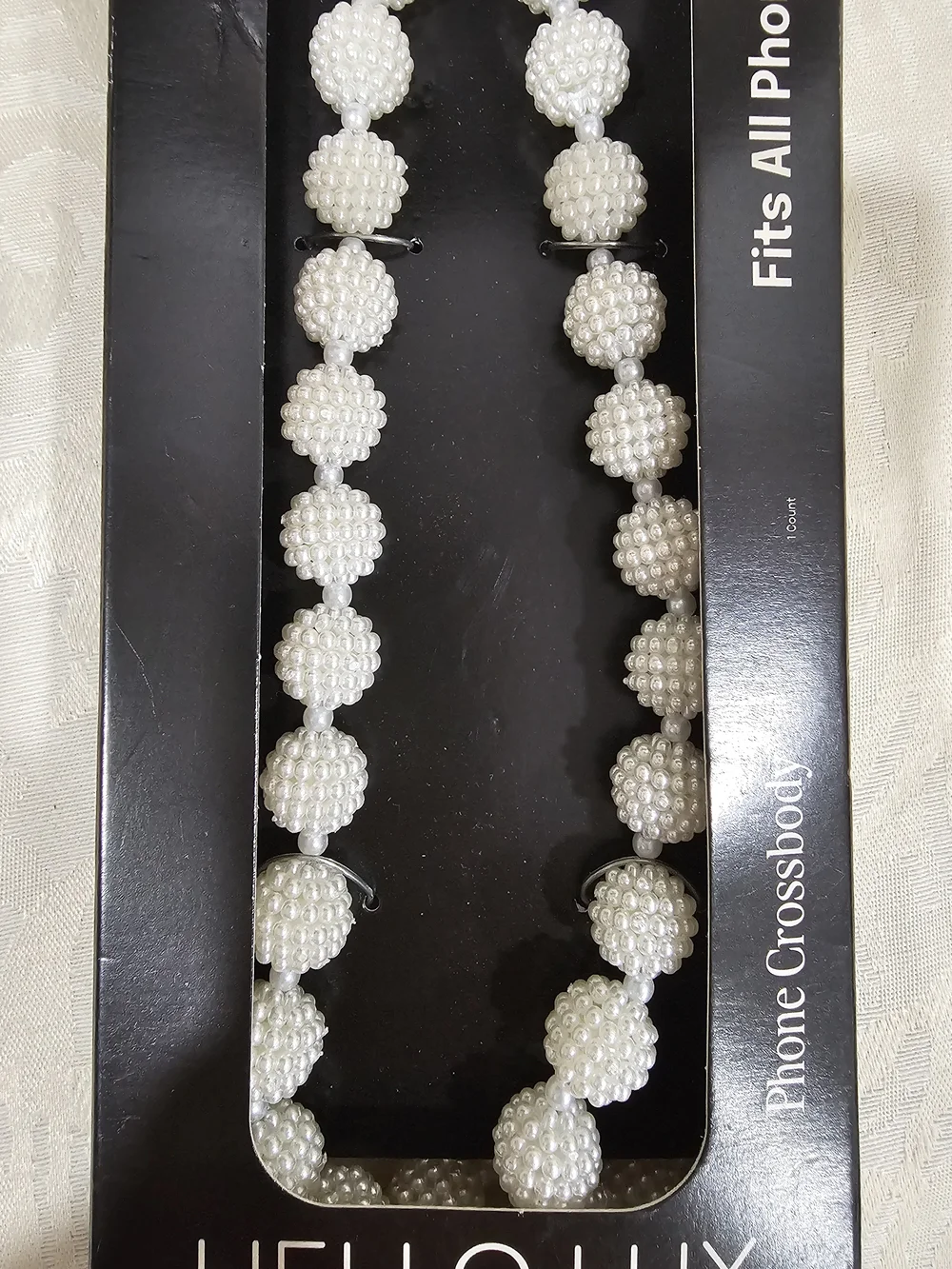 Lux White Beaded Phone Strap with Silver Clips